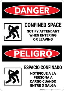 Danger: Confined Space Notify Attendant Entering Bilingual - Wall Sign