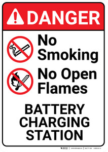 Danger: Battery Station No Smoking No Open Flames Portrait with Graphic - Wall Sign