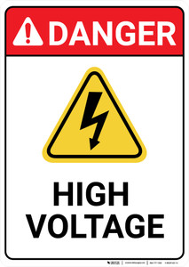 Danger: High Voltage With Yellow Hazard Portrait - Wall Sign
