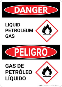 Danger: Bilingual Liquid Petroleum Gas with GHS Flammable Icon Portrait