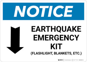Notice: Earthquake Emergency Kit - Flashlight/Blankets/ect - with Down Arrow Landscape