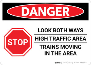 Danger: Look Both Ways/High Traffic Area - Trains Moving in The Area Landscape - Wall Sign