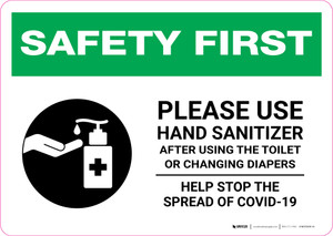 Safety First: Please Use Hand Sanitizer - After Using Toilet with Icon Landscape - Wall Sign