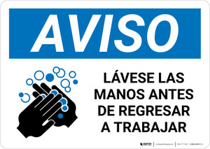 Notice: Wash Hands Before Returning To Work Spanish with Icon Landscape - Wall Sign