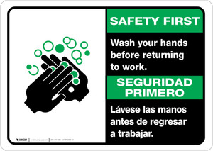 Safety First: Wash Hands Before Returning To Work Bilingual with Icon Landscape - Wall Sign