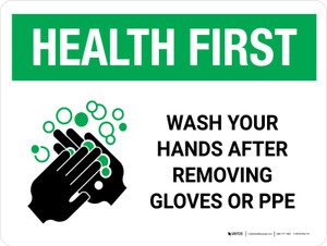Health First Wash Your Hands After Removing PPE with Icon Landscape - Wall Sign
