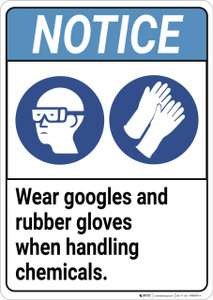 Notice: Wear Goggles Rubber Gloves Handling Chemicals ANSI - Wall Sign