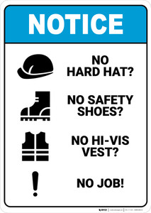 Notice: No Hard Hat Shoes Vest No Job - Wall Sign