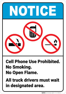 Notice:  No Cell Phone Smoking Open Flames Prohibited Icon Portrait ANSI - Wall Sign