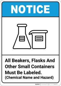 Notice: All Beakers Flasks And Other Small Containers - Portrait Wall Sign