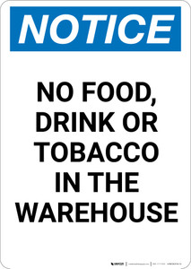 Notice: No Food Drink Or Tobacco In The Warehouse - Portrait Wall Sign