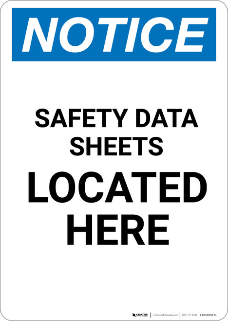 Notice: Safety Data Sheets Located Here - Portrait Wall Sign
