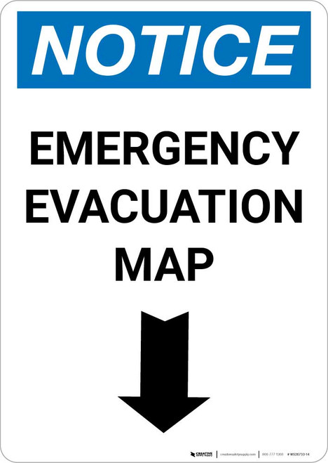 Notice: Emergency Evacuation Map with Down Arrow Portrait