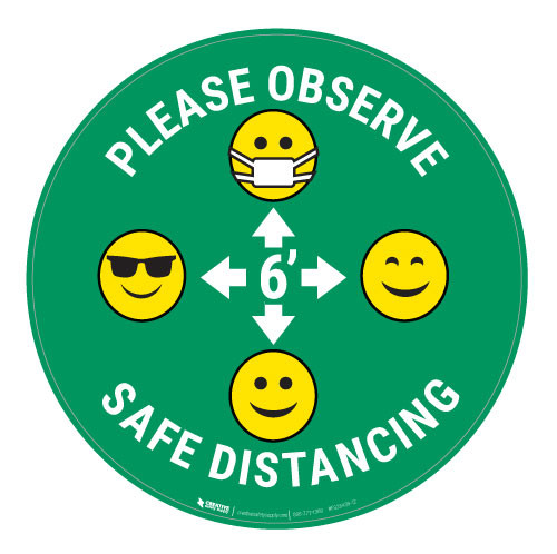 Please Observe Safe Distancing with Facemask Emojis - Green - Floor Sign