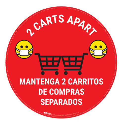 2 Carts Apart with Facemask Emojis Bilingual - Red - Floor Sign