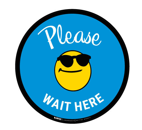 Please Wait Here with Sunglasses Emoji - Blue - Floor Sign