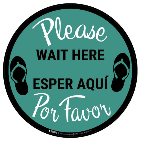 Please Wait Here Bilingual with Icons - Green - Floor Sign