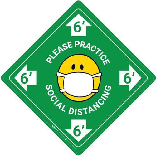 Please Practice Social Distancing with Facemask Emoji - Green - Floor Sign