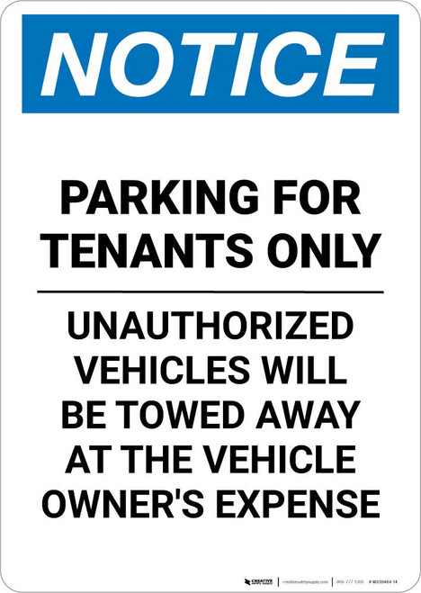 Notice: Parking for Tenants Only - Unauthorized Vehicles Will be Towed Portrait
