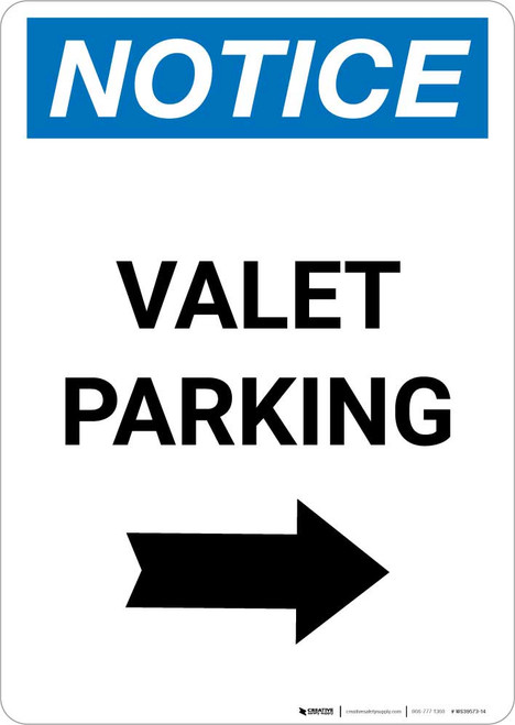 Notice: Valet Parking with Right Arrow Portrait