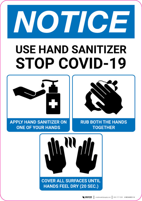 Notice: Use Hand Sanitizer with 3-Step Icon Instructions Portrait - Wall Sign