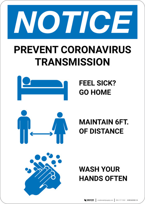 Notice: Prevent Coronavirus Transmission Portrait - Wall Sign