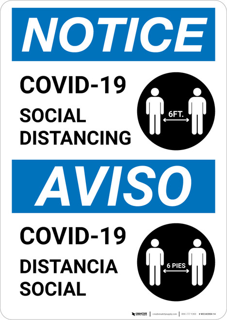 Notice: COVID-19 Social Distancing Bilingual with Icon Portrait - Wall Sign