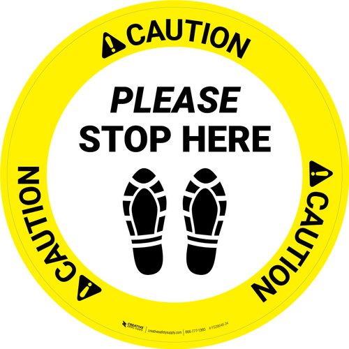 Caution: Please Stop Here Shoe Prints Circular - Floor Sign