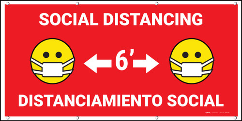Social Distancing Bilingual Red with Facemask Emojis - Banner