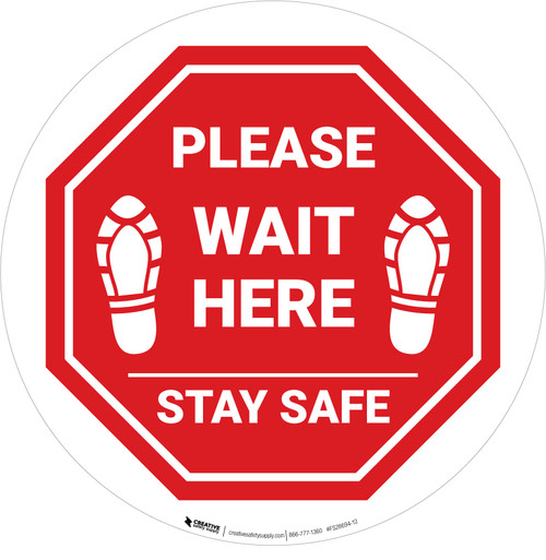 Please Wait Here Stay Safe Shoe Prints Stop Circular - Floor Sign