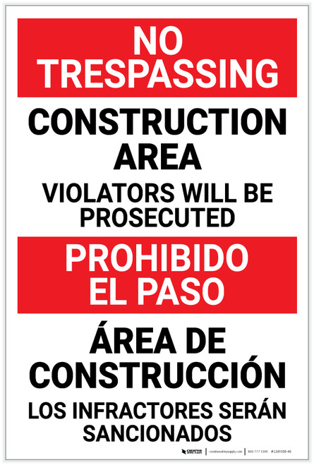 Danger: Construction Area - Violators Will be Prosecuted Bilingual - Label