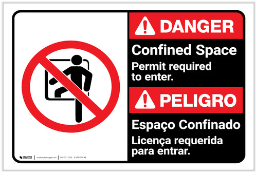 Danger: Confined Space Permit Required To Enter Bilingual Spanish - Label