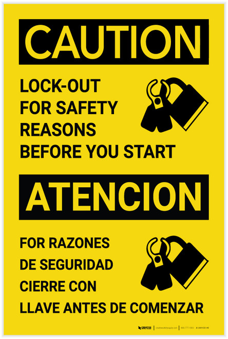 Caution: Lockout For Safety Reasons Before Starting Bilingual Spanish - Label