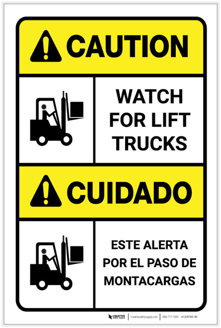Caution: Watch for Lift Trucks ANSI Bilingual Spanish - Label