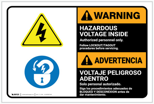 Warning: Hazardous Voltage Follow Lockout Procedures Bilingual Spanish - Label