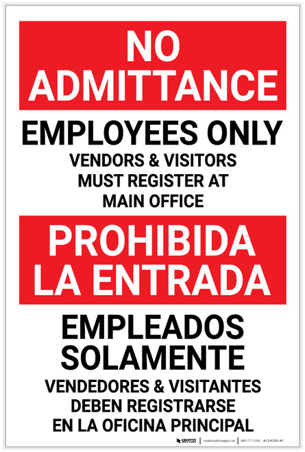 No Admittance: Employees Only - Vendors And Visitors Register at Main office Bilingual Spanish - Label