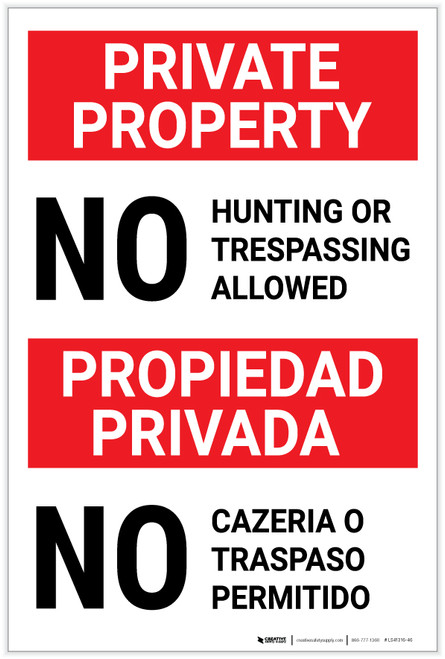 Private Property: No Hunting/Trespassing Allowed Bilingual Spanish - Label