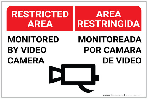 Restricted Area: Monitored by Video Camera with Icon Bilingual Spanish - Label