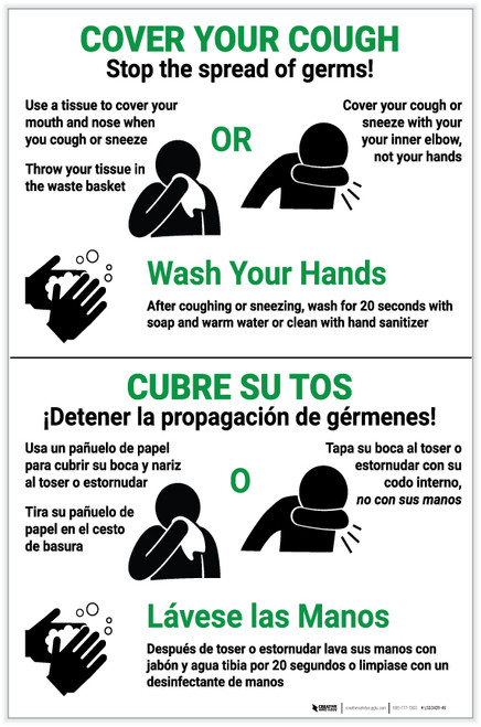 Cover Your Cough - Stop the Spread of Germs Bilingual with Icons Portrait - Label