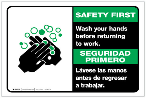 Safety First: Wash Hands Before Returning To Work Bilingual with Icon Landscape - Label