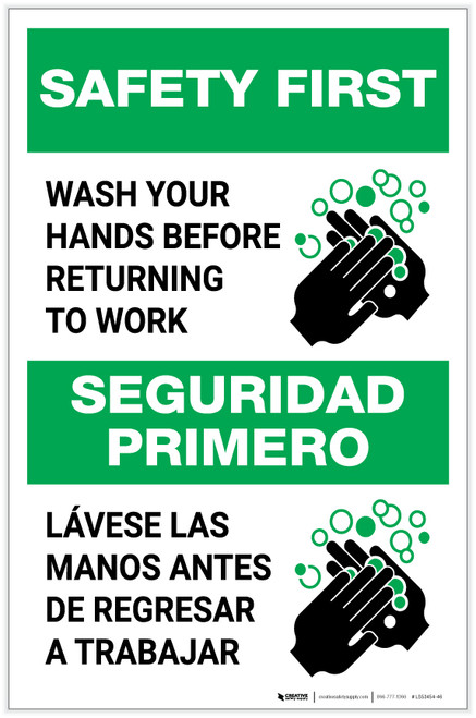 Safety First: Wash Hands Before Returning To Work Bilingual with Icon Portrait - Label