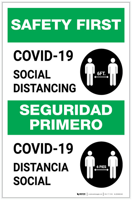 Safety First: COVID-19 Social Distancing Bilingual with Icon Portrait - Label