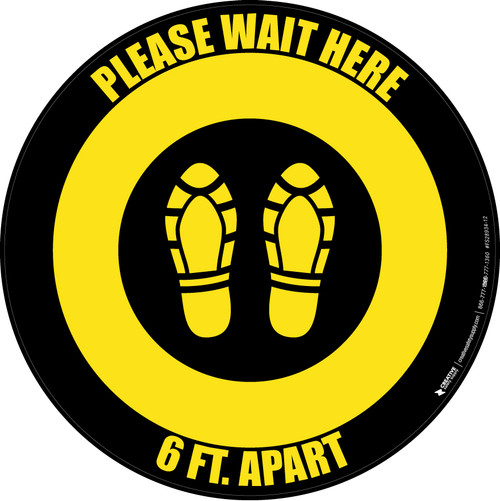 Please Wait Here 6 Ft Apart Shoe Prints Yellow/Black Circular - Floor Sign
