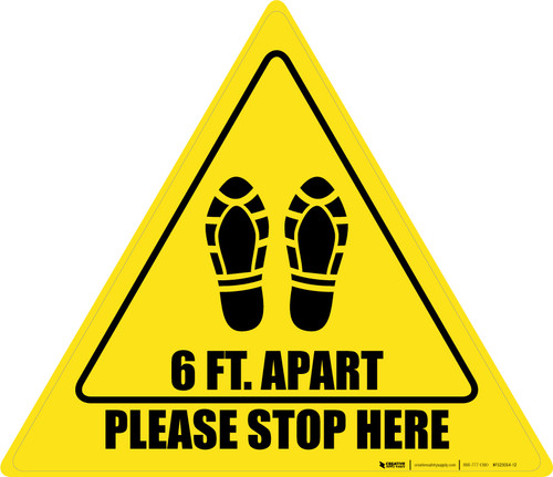 Please Stop Here 6 Ft Apart Shoe Prints Triangle - Floor Sign