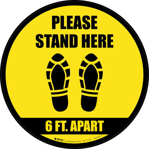 Please Stand Here 6 Ft. Apart Shoe Prints Black Border Circular - Floor Sign