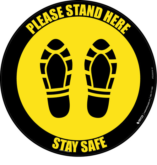 Please Stand Here Stay Safe Shoe Prints Yellow Black Border Circular - Floor Sign