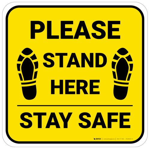 Please Stand Here Stay Safe Shoe Prints Yellow Square - Floor Sign