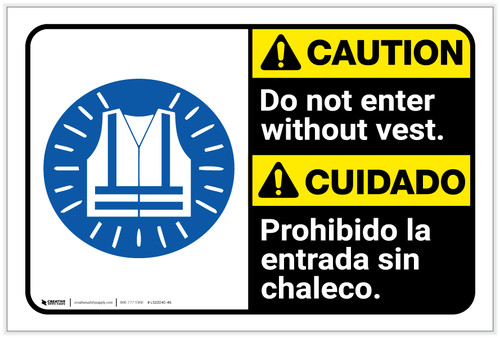 Caution: Do Not Enter Without Vest with Icon Bilingual ANSI Landscape - Label