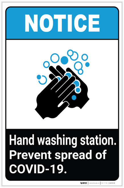 Notice: Hand Washing Station Prevent COVID-19 ANSI Portrait - Label