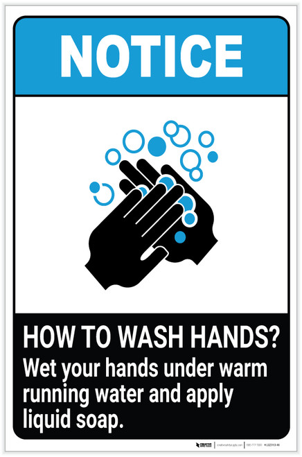 Notice: How To Wash Hands Wet Your Hands ANSI Portrait - Label